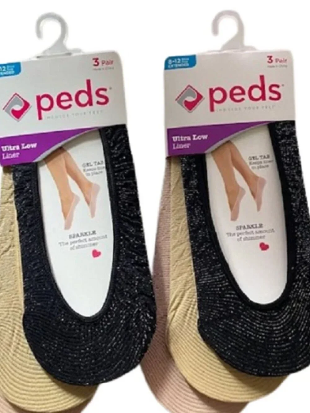 PEDS 6 PAIR 2 Packs Sparkle Ultra Low Liner Socks, Gel Tab Heel, Shoe Size 8-12